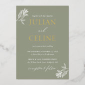 セージ緑の金ゴールドミニマル緑のエレガントな結婚式 箔招待状 (正面)