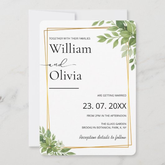 セージ緑の金ゴールド幾何結婚素朴の 招待状 (正面)