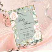 セージ緑の金ゴールド水の色のフローラベビーシャワー 招待状