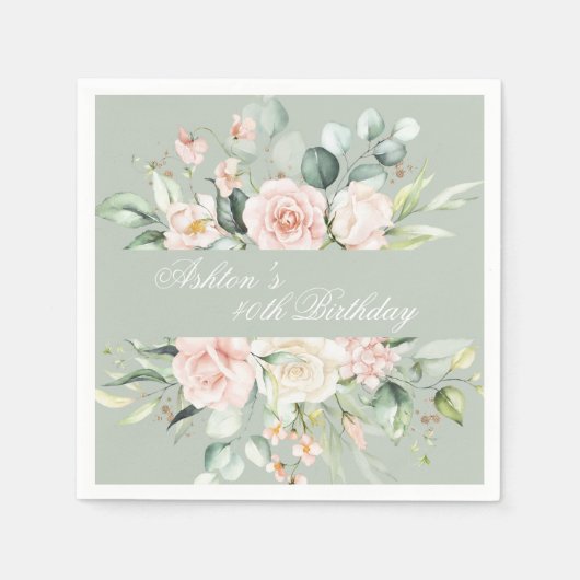 セージ緑の金ゴールド水色フローラ植物学パーティー スタンダードカクテルナプキン (正面)