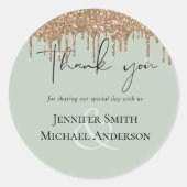 セージ緑の金ゴールド滴下グリッター結婚のスクリプト ラウンドシール (正面)