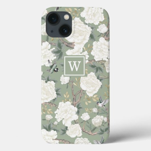 セージ緑の陳腐な鳥の牡丹ガーデンモノグラム Case-Mate iPhoneケース (裏面)