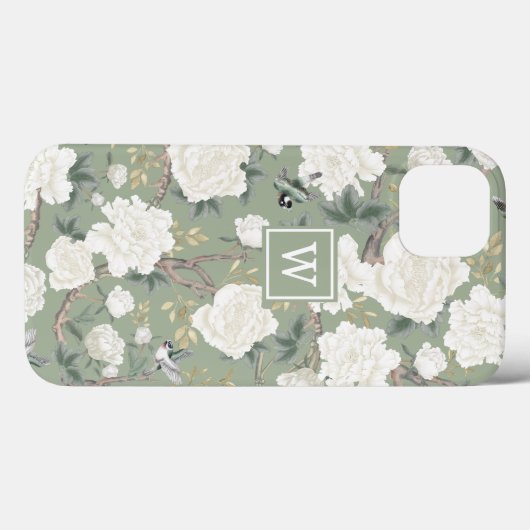セージ緑の陳腐な鳥の牡丹ガーデンモノグラム Case-Mate iPhoneケース (裏面 (横))