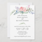 セージ緑の青いピンクの花の緑結婚の花 招待状 (正面)