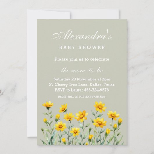 セージ緑の黄色のボホワイルドフラワーベビーシャワー 招待状 (正面)