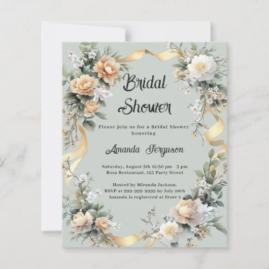 セージ緑の黄色の花模様ブライダルシャワー招待 (正面)