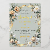 セージ緑の黄色の花模様結婚金ゴールド 箔招待状 (正面)