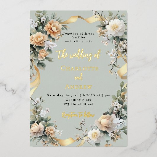セージ緑の黄色の花模様結婚金ゴールド 箔招待状 (正面)