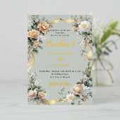 セージ緑の黄色の花模様結婚金ゴールド 箔招待状 (立ち正面)