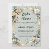 セージ緑の黄色の花模様金ゴールドブライダルシャワー 招待状 (正面)