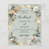 セージ緑の黄色の花模様金ゴールド結婚式招待状 (正面)