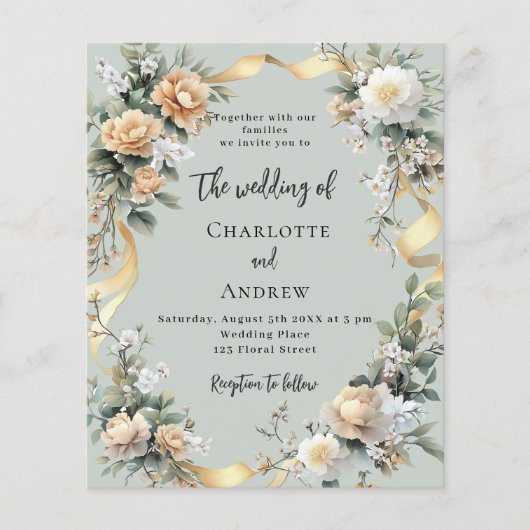 セージ緑の黄色の花模様金ゴールド結婚式招待状 (正面)
