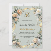 セージ緑の黄色の花模様金ゴールド誕生日 招待状 (正面)
