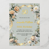 セージ緑の黄色の花模様金ゴールド贅沢な誕生日 箔招待状 (正面)