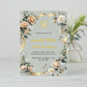 セージ緑の黄色の花模様金ゴールド贅沢な誕生日 箔招待状 (立ち正面)