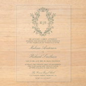 セージ緑のChinoiserieクレストモノグラム結婚ズ アクリル招待状 (正面)