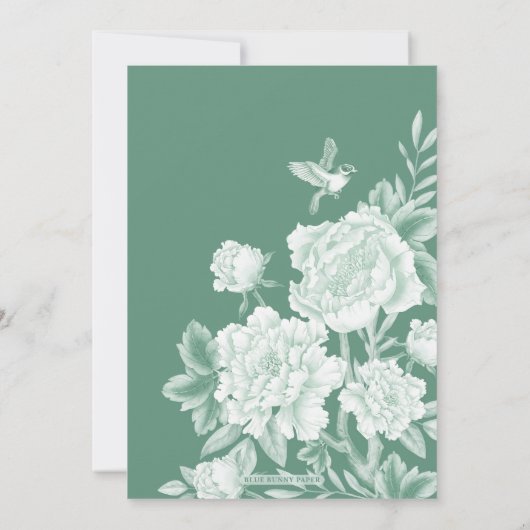 セージ緑のChinoiserie鳥の牡丹の日付を保存 招待状 (裏面)