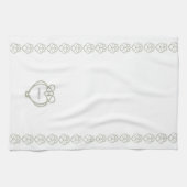 セージ緑アイリッシュケルト白鳥ラブノットファミリー名 キッチンタオル (横)