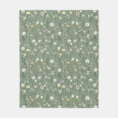 セージ緑イエローホワイトボホワイルドフラワーズフローラ フリースブランケット (正面)