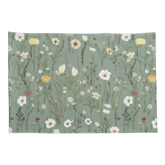 セージ緑イエローホワイトボホワイルドフラワーズフローラ 枕カバー (裏面-右)