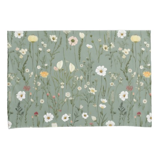 セージ緑イエローホワイトボホワイルドフラワーズフローラ 枕カバー (正面右)