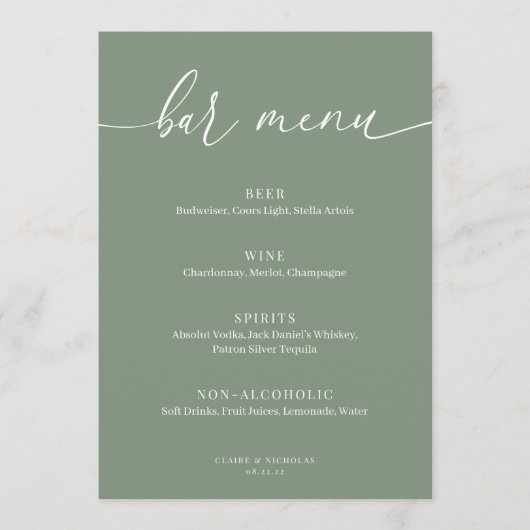 セージ緑エレガモダンントウェディングバーメニューサイン (正面)