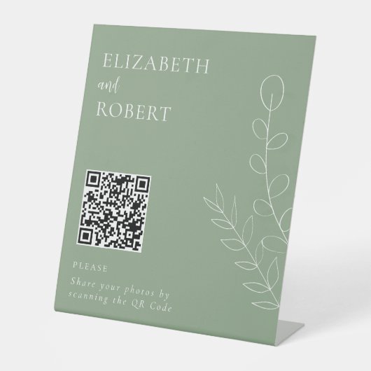 セージ緑エレガントなウェディングフォト共有QRコード 台座サイン (正面)