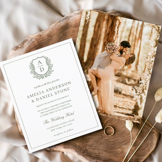 セージ緑エレガント葉冠モノグラム結婚ズ