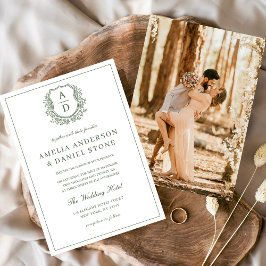 セージ緑エレガント葉冠モノグラム結婚ズ 招待状