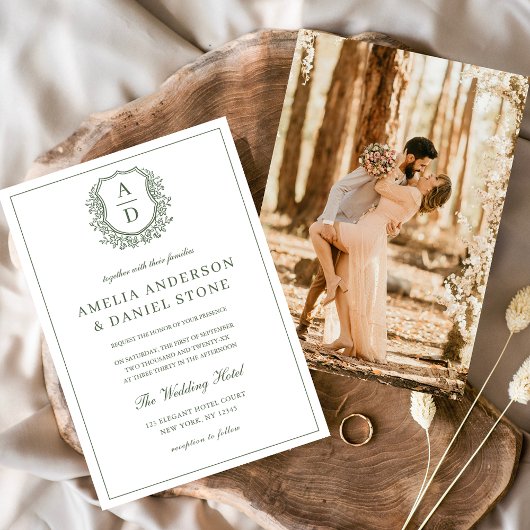 セージ緑エレガント葉冠モノグラム結婚ズ 招待状