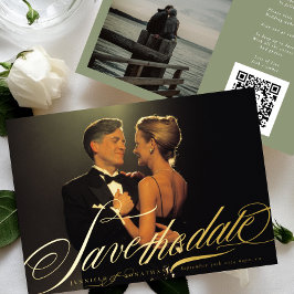 セージ緑エレガント金ゴールド書道QRコード写真 箔招待状