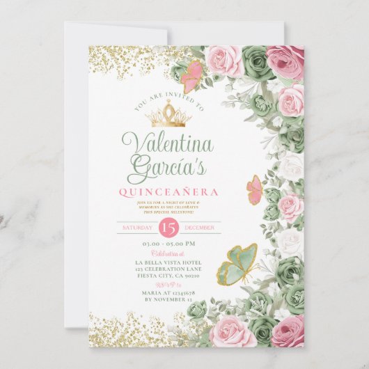 セージ緑キンセアニラ15アノスピンクの花の冠 招待状 (正面)