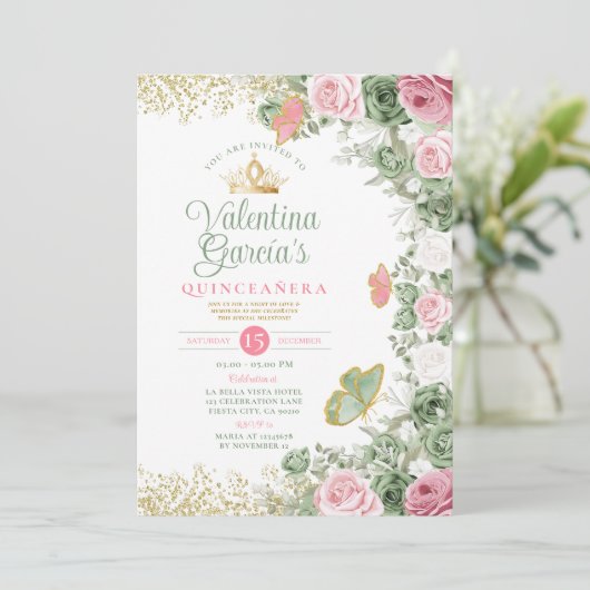 セージ緑キンセアニラ15アノスピンクの花の冠 招待状 (スタンド正面)