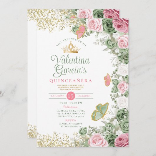 セージ緑キンセアニラ15アノスピンクの花の冠 招待状 (正面/裏面)