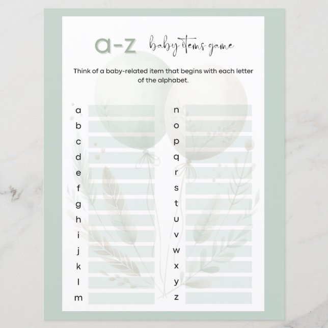 セージ緑クマAからZベビーアイテム赤ちゃんシャワーゲーム (正面)