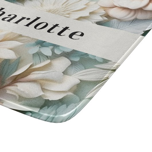 セージ緑クリーム花模様名スクリプト カッティングボード (角)