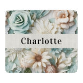 セージ緑クリーム花模様名スクリプト カッティングボード (正面)