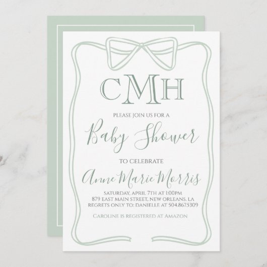 セージ緑コケット弓ベビーシャワー任意の色を作る 招待状 (正面/裏面)