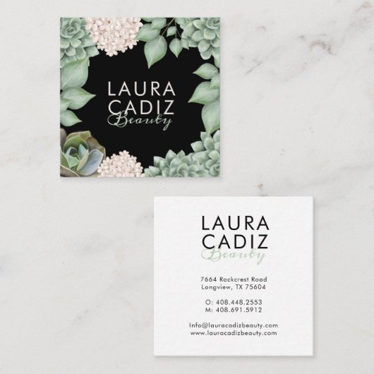 セージ緑シックな国フローラ&葉フレーム スクエア名刺 (正面/裏面)