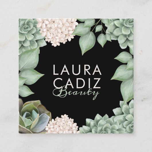 セージ緑シックな国フローラ&葉フレーム スクエア名刺 (正面)