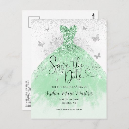 セージ緑シルバードレスキンセアニラ日付を保存 ポストカード (正面/裏面)