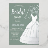 セージ緑シルバーフォイルエレガントドレスブライダルシャワー 箔招待状 (正面)
