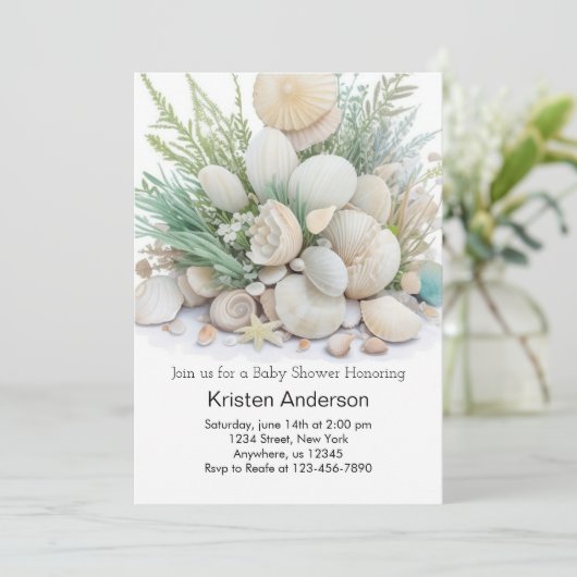 セージ緑シーシェルオアシスベビーシャワー 招待状 (スタンド正面)