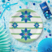 セージ緑ストライプの花と青の花 ペーパープレート (パーティー)