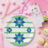 セージ緑ストライプの花と青の花 ペーパープレート (パーティー)