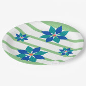 セージ緑ストライプの花と青の花 ペーパープレート (アングル)