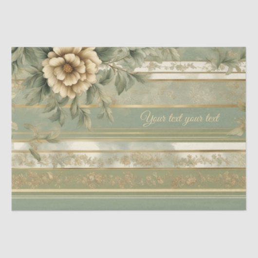 セージ緑ストライプの金ゴールド花ギフトラッピング 薄葉紙 (正面)