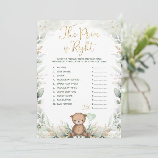 セージ緑テディベアは正しい価格ゲームを推測 招待状 (スタンド正面)