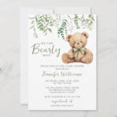 セージ緑テディベアーボウグリーナリー男の赤ちゃんシャワー 招待状 (正面)