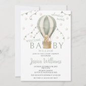 セージ緑テディ熱い空気バルーン男の赤ちゃんシャワー 招待状 (正面)